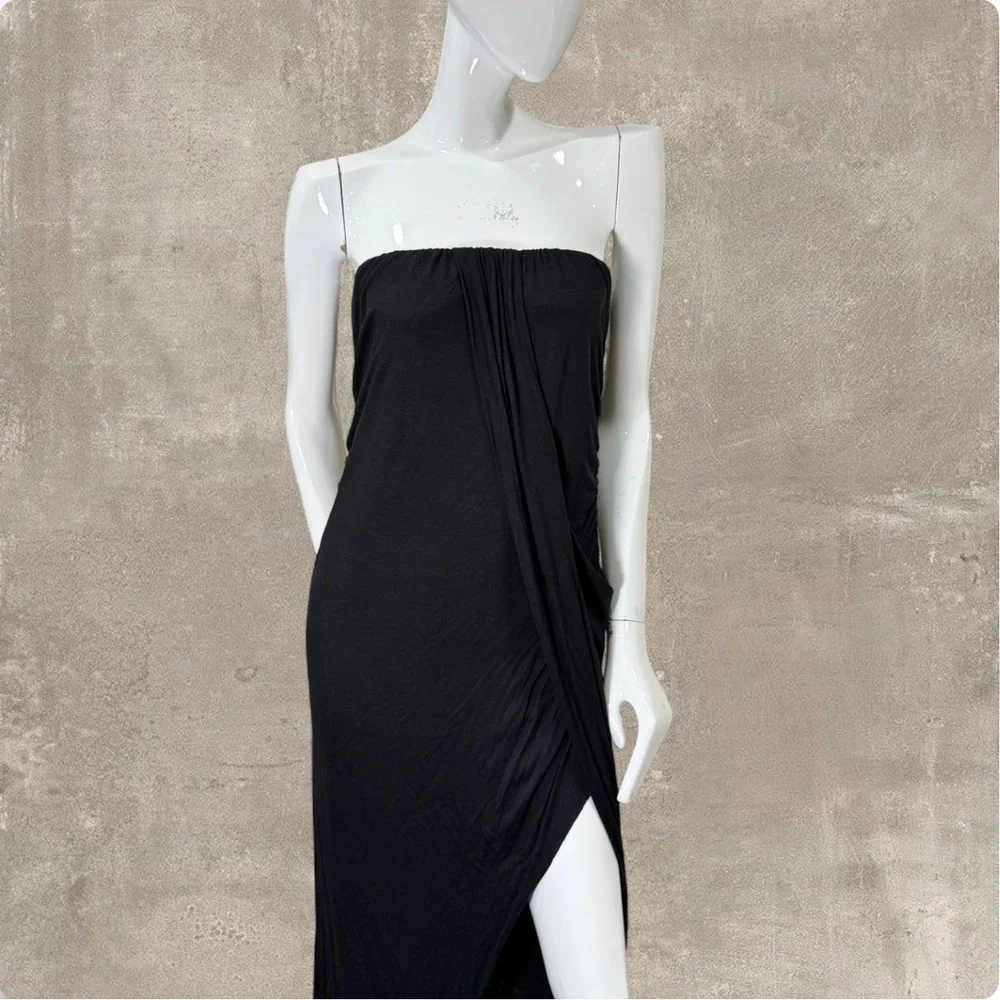 Avant Garde Black Strapless Draped Maxi Dress Asymmetrical Slit‎ Made in USA XXL